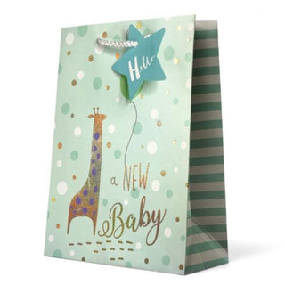 Premium Gift Bag Medium - Hello baby a New baby Giraffe on blue