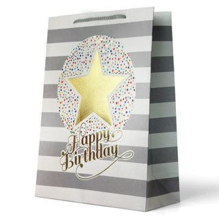 Premium Gift Bag Large - Foiled Gold Star Happy Birthday with Spots and Stripes