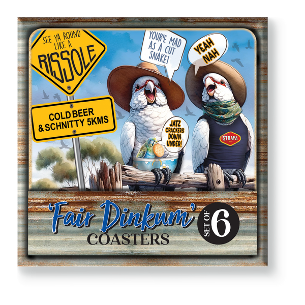 Lisa Pollock - Set of 6 Fair Dinkum Coasters - Squawking Slang