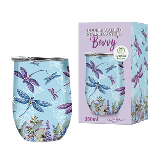Lisa Pollock Double Walled Stainless Steel Bevvy - Lavender Dragonflies