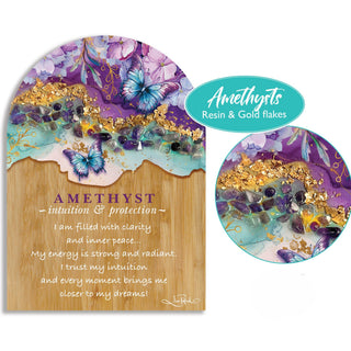 Lisa Pollock Crystal Resin Bamboo Plaque - Amethyst Butterflies
