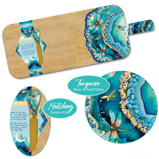 Lisa Pollock - Resin Bamboo Platter with knife - Turquoise Dragonflies