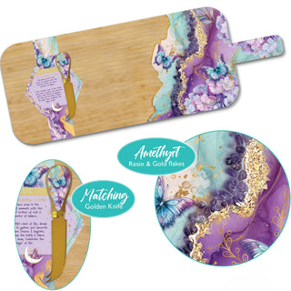 Lisa Pollock - Resin Bamboo Platter with knife - Amethyst Butterflies