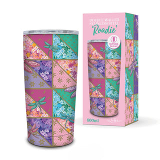 Lisa Pollock Double Walled Stainless Steel Roadie - Pretty Patchwork Dragonfly