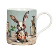ceramic bug art mugs with a cute scrap metal rabbit image printed