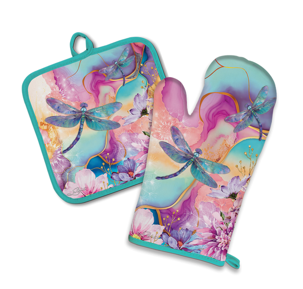 Lisa Pollock - Oven Mitt Pot Holder Set - Delightful Dragonflies