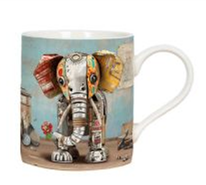ceramic bug art mugs with a cute scrap metal elephant image printed
