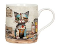 ceramic bug art mugs with a cute scrap metal cat image printed