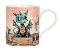 ceramic bug art mugs with a cute scrap metal dragon image printed
