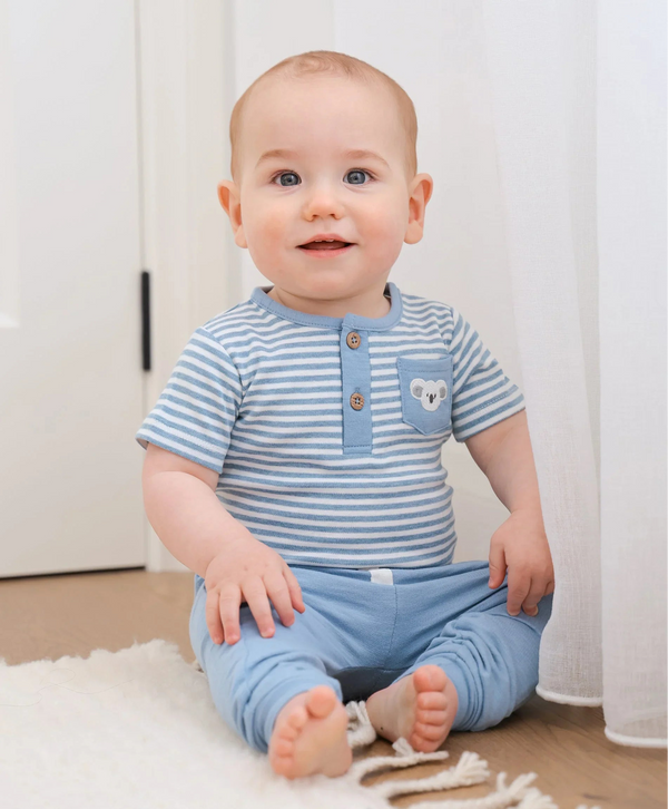 Lummi in colour - Organic Cotton Short Sleeve Bodysuit - Koala & Blue Stripe